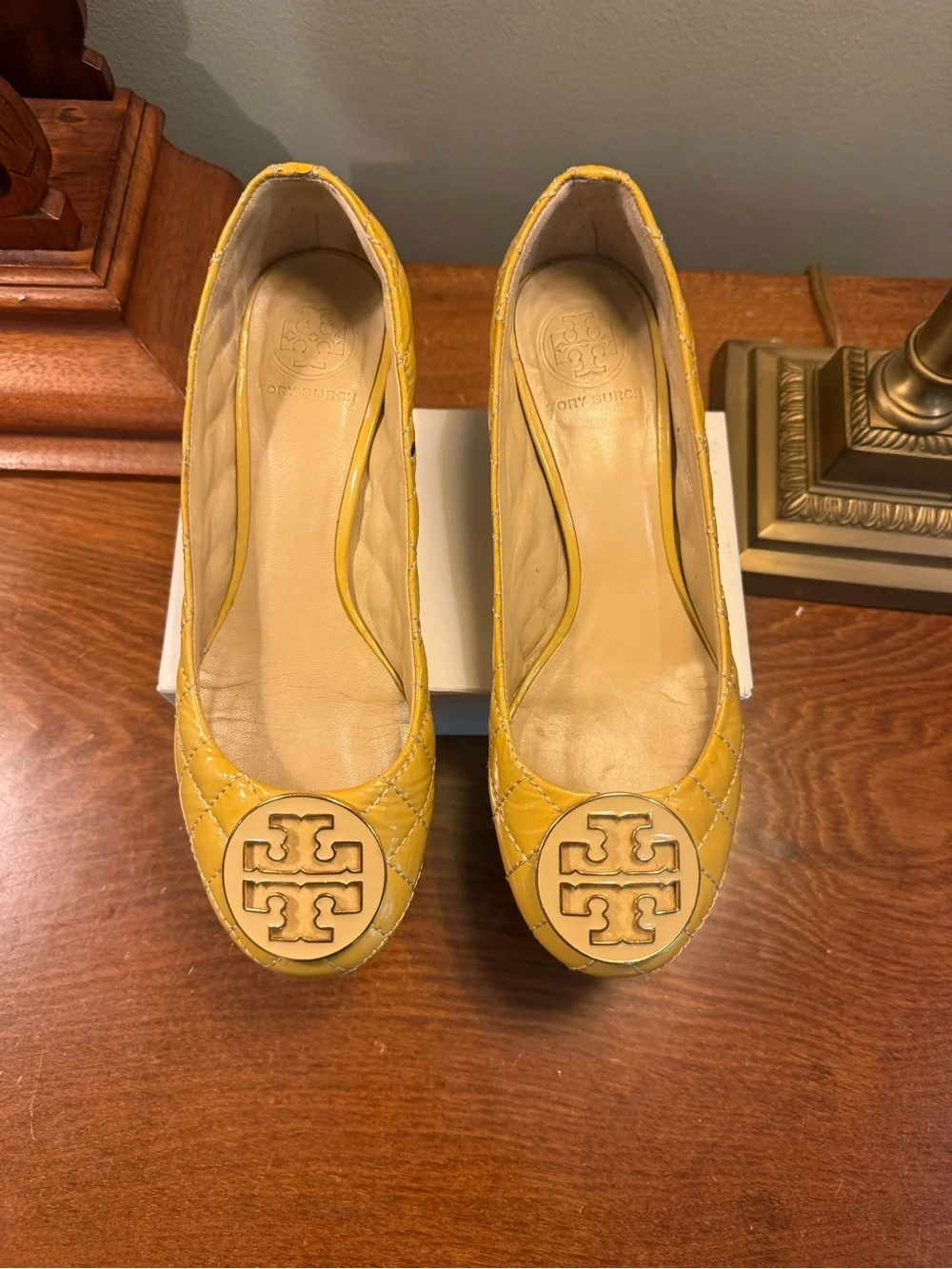 Tory Burch Quilted Patent Leather Block Heel Pumps in Mustard Yellow Size 6.5